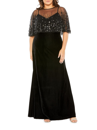 Mac Duggal Women's Plus Size Embellished Cape Velvet Gown In Black