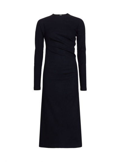 Totême Twisted Long Sleeve Wool Blend Flannel Midi Dress In Navy
