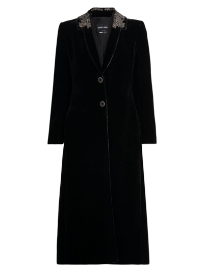 Giorgio Armani Strass Embroidered Stretch Velvet Maxi Coat In Black