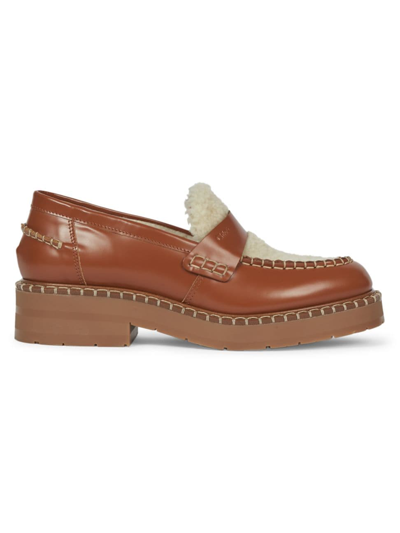 Chloé Noua Shearling-trimmed Leather Loafers In Brown