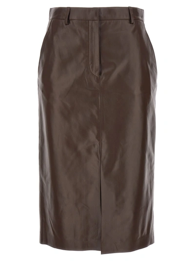 Lanvin Flared Leather Midi Skirt In Cocoa