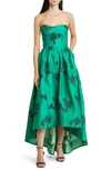 MARCHESA NOTTE EMBROIDERED METALLIC FLORAL STRAPLESS HIGH-LOW GOWN