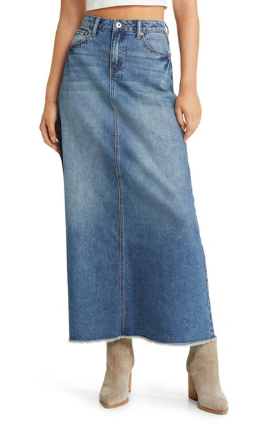 Prosperity Denim Frayed Hem Denim Maxi Skirt In Washed Blue