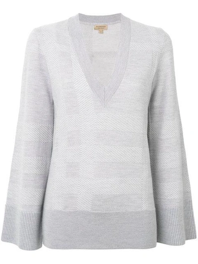 Burberry Angell V-neck Bell-sleeve Check Jumper In Pale Grey