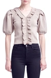 English Factory Ruffle Puff Sleeve Sweater In Taupe