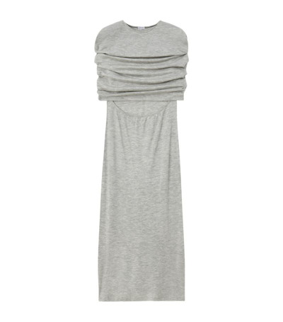 Loewe Cashmere Ruched Cape Maxi Dress In Pale Grey