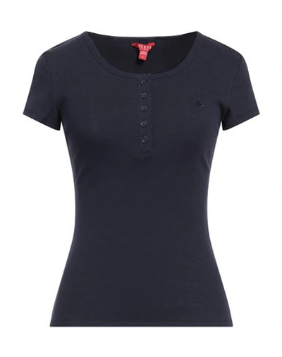 Guess Woman T-shirt Navy Size S Cotton, Elastane In Navy Blue