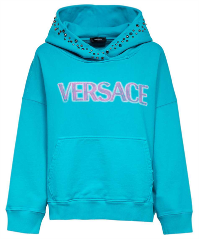 Versace Studded Distressed Logo Hoodie In Light Blue