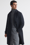 REISS ATTENTION - NAVY WOOL CHECK DOUBLE BREASTED COAT, XS