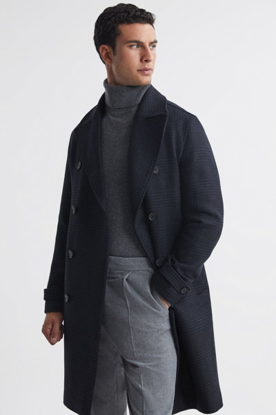 Reiss Attention - Navy Wool Check Double Breasted Coat, S