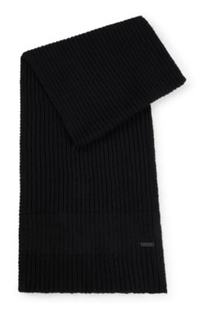 Hugo Boss Knitted Scarf With Faux-leather Logo Plaque In Black