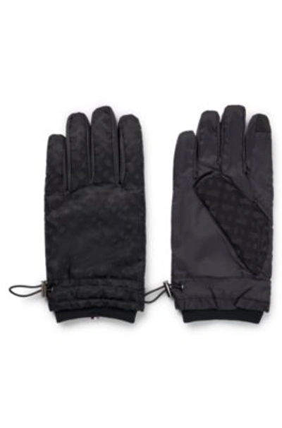 Hugo Boss Padded Gloves With Tonal Monogram Details And Flannel Lining In Black