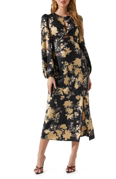 Astr Suzy Floral Cutout Long Sleeve Satin Midi Dress In Black,cream Floral