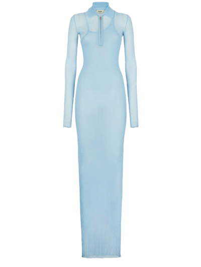 Fendi Long-sleeve Ribbed Midi Dress In Blue