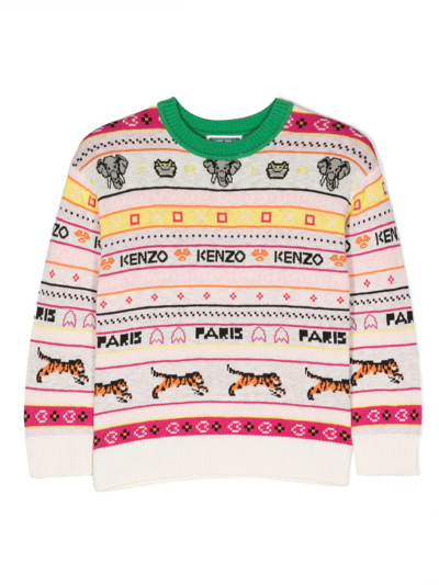 Kenzo Pullover Jungle Game Multicoloured Jacquard In Pink