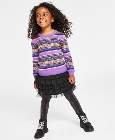 Charter Club Holiday Lane Little Girls Fair Isle Striped Sweater, Created For Macy's In Purple Combo