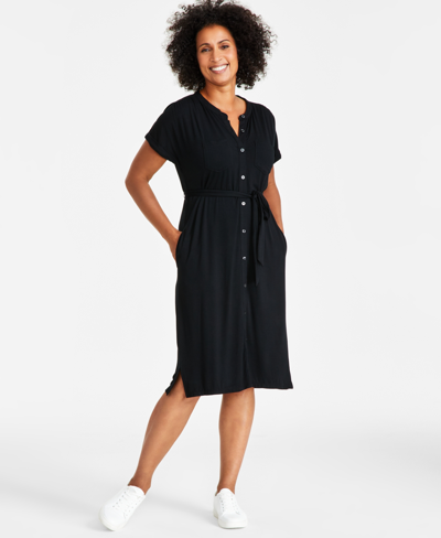 Style & Co Women's Short Sleeve Belted Knit Shirtdress, Created For Macy's In Deep Black