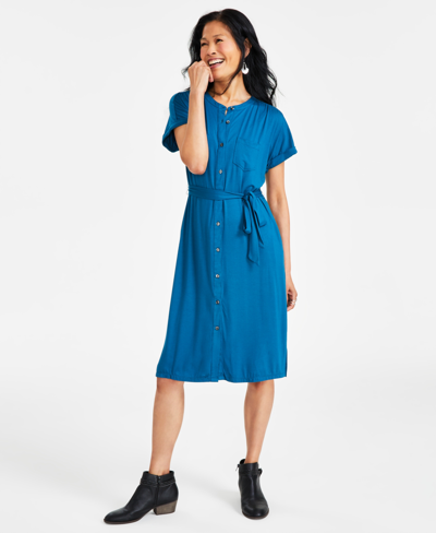 Style & Co Women's Short Sleeve Belted Knit Shirtdress, Created For Macy's In Caspian Blue