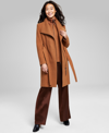 Calvin Klein Womens Wool Blend Belted Wrap Coat, Created For Macys In Dark Camel