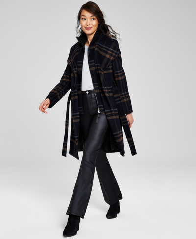 Calvin Klein Womens Wool Blend Belted Wrap Coat, Created For Macys In Black Plaid