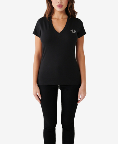 True Religion Women's Short Sleeve Crystal Box Logo V-neck T-shirt In Jet Black