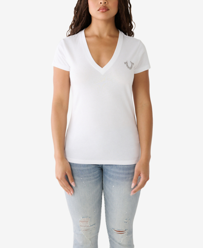 True Religion Women's Short Sleeve Crystal Buddha Slim V-neck T-shirt In Optic White