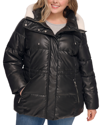 Dkny Women's Plus Size Faux-leather Faux-shearling Hooded Anorak Puffer Coat In Black