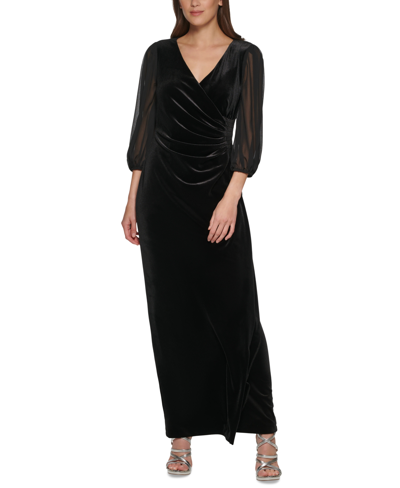 Dkny Women's Side-ruched Chiffon-sleeve Velvet Gown In Black