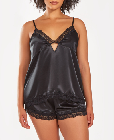 Icollection Plus Size Silky Centered Jeweled Camisole And Shorts Pajama Set In Black