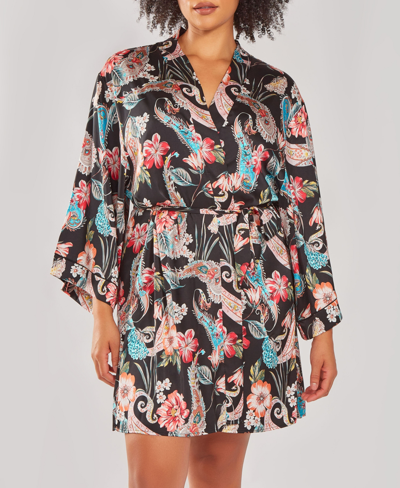 Icollection Plus Size Silky Soft Short Printed Robe In Black/multi