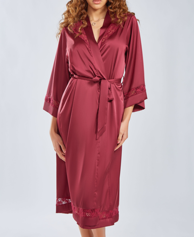 Icollection Women's Silky Long Robe With Lace Trims In Wine