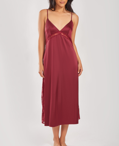 Icollection Plus Size Silky Open Back Nightgown With Lace Trims In Wine