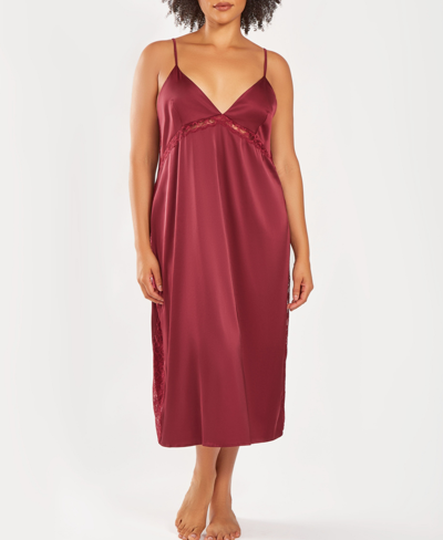 Icollection Plus Size Silky Open Back Nightgown With Lace Trims In Wine