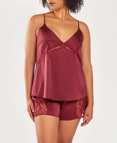 Icollection Plus Size Silky 2 Piece Camisole And Shorts Pajama Set In Lace Trims In Wine
