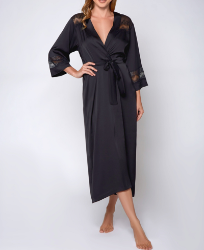 Icollection Women's Silky Stretch Satin Long Robe With Lace Trims In Black