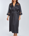 ICOLLECTION PLUS SIZE SILKY STRETCH SATIN LONG ROBE WITH LACE TRIMS