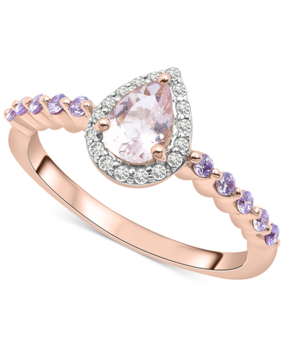 Macy's Morganite (1/3 Ct. T.w.), Rose De France Amethyst (1/3 Ct. T.w.) & Diamond Halo Ring In 14k Rose Gol In Multi-gemstone