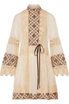 TORY BURCH CARLOTTA LACE-TRIMMED EMBROIDERED COTTON-VOILE MINI DRESS