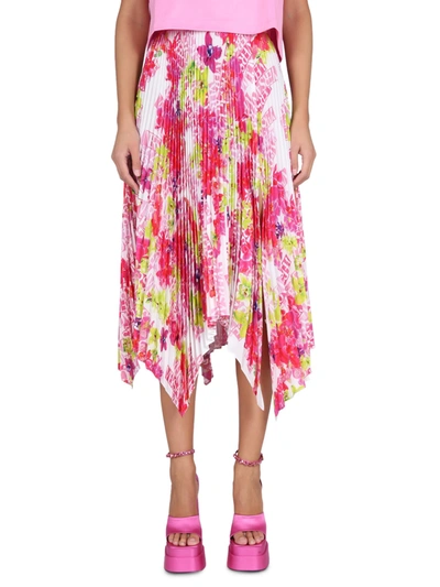 Versace Orchid Print Pleated Crepe Midi Skirt In White