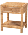 BAXTON STUDIO BAXTON STUDIO ADELIA MODERN BOHEMIAN MAHOGANY & RATTAN 1-DRAWER NIGHTSTAND