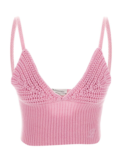 Blumarine Wool Knit Crochet Crop Top In Pink