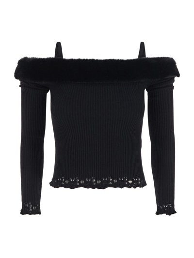 Blumarine Off-the-shoulder Faux Fur Knit Top In Negro