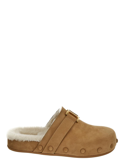 Chloé Marcie Embellished Shearling-lined Nubuck Slippers In Brown