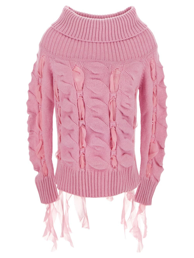 Blumarine Rushed Off-shoulder Wool Sweater In Pink