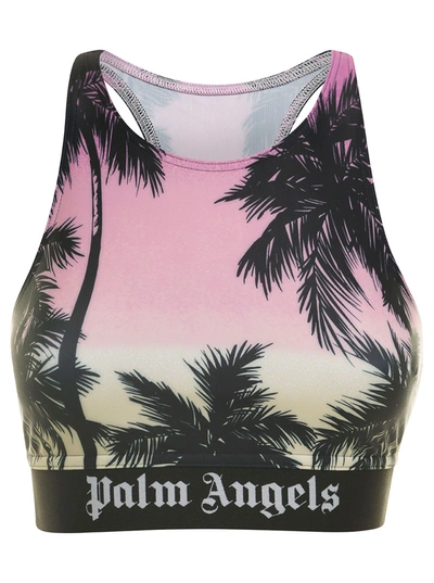 Palm Angels Pink Sports Bra With All-over Graphic Print And Elastic Band In Stretch Fabric Woman In Purple Black