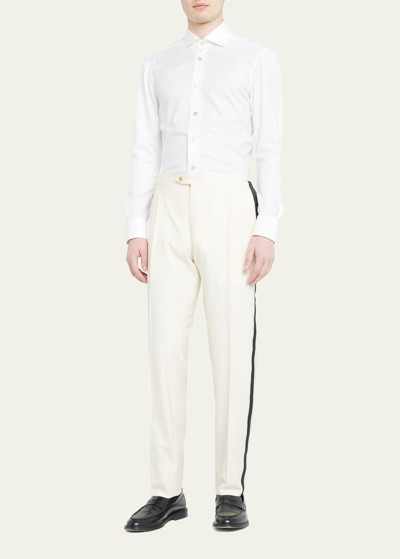 Kiton Men's Double-pleated Wool Dress Pants In Cream