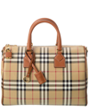 Burberry Checkered Canvas Medium Handbag With Leather Trim In Beige