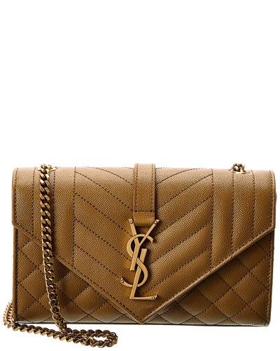 Saint Laurent Envelope Triquilt Small Ysl Shoulder Bag In Smooth Leather In Dark Cork