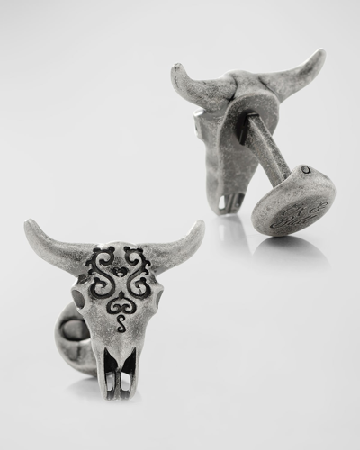 Cufflinks, Inc Men's Antique Stainless Steel Carved Cow's Skull Cufflinks In Silver