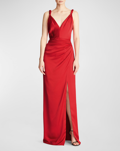 HALSTON YVETTE TWISTED-STRAP SATIN SLIT GOWN